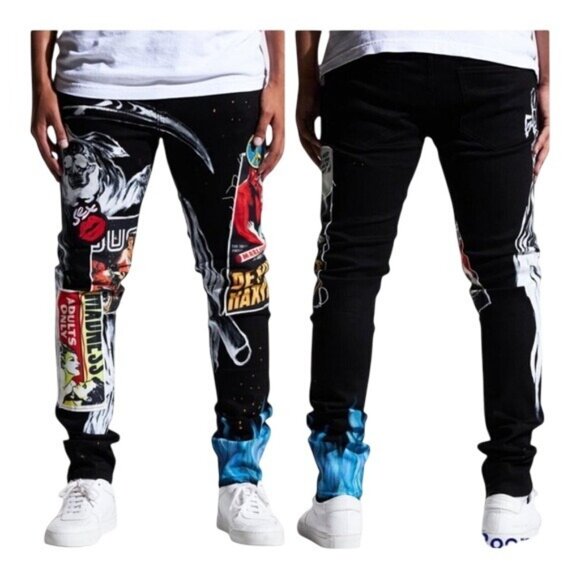 Embellish Mens Black Denim Jeans With Graphic Prints & Embroidery Size 34